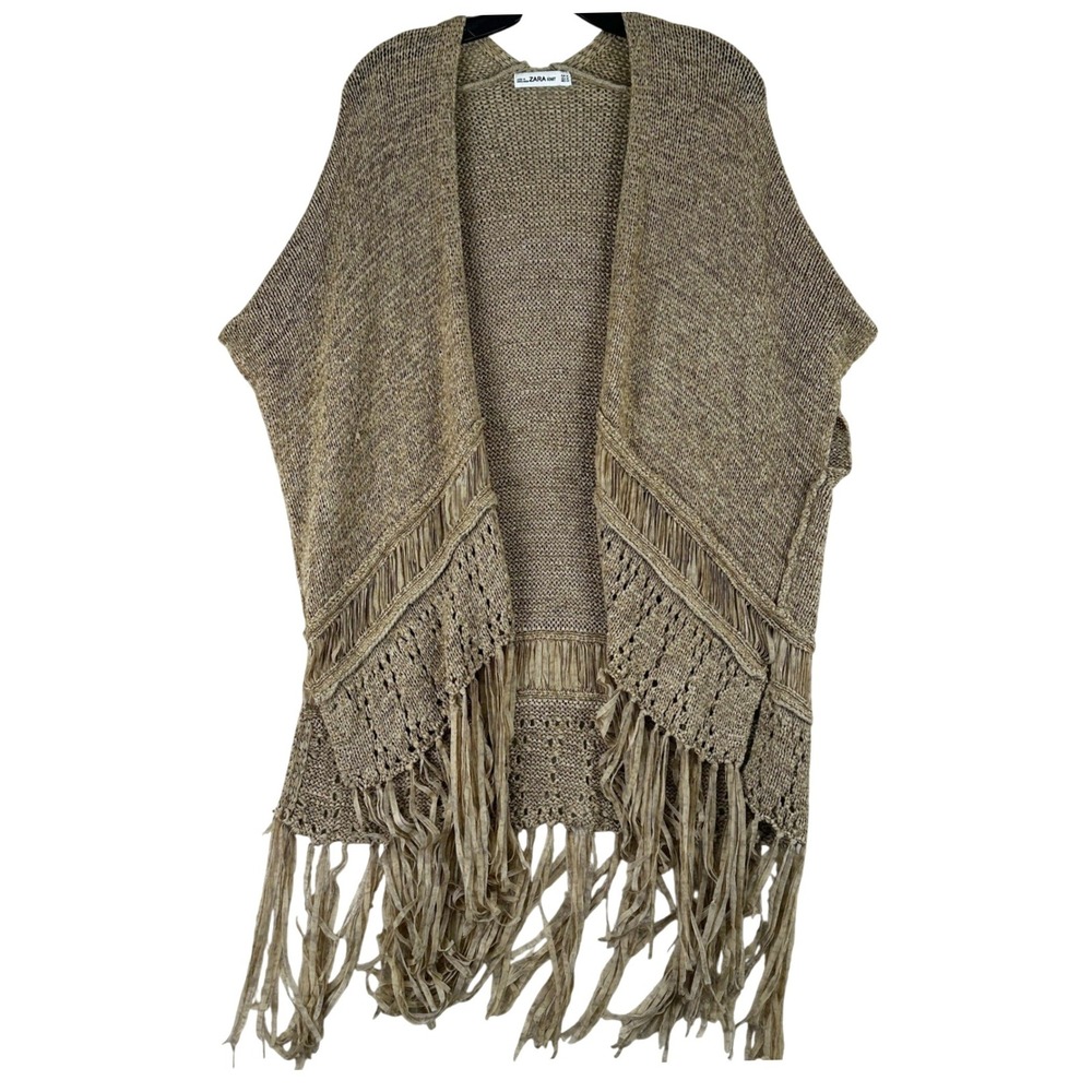 Zara‎ Knit Fringe Cardigan Women Medium Tan Boho Crochet Open Front Sweater